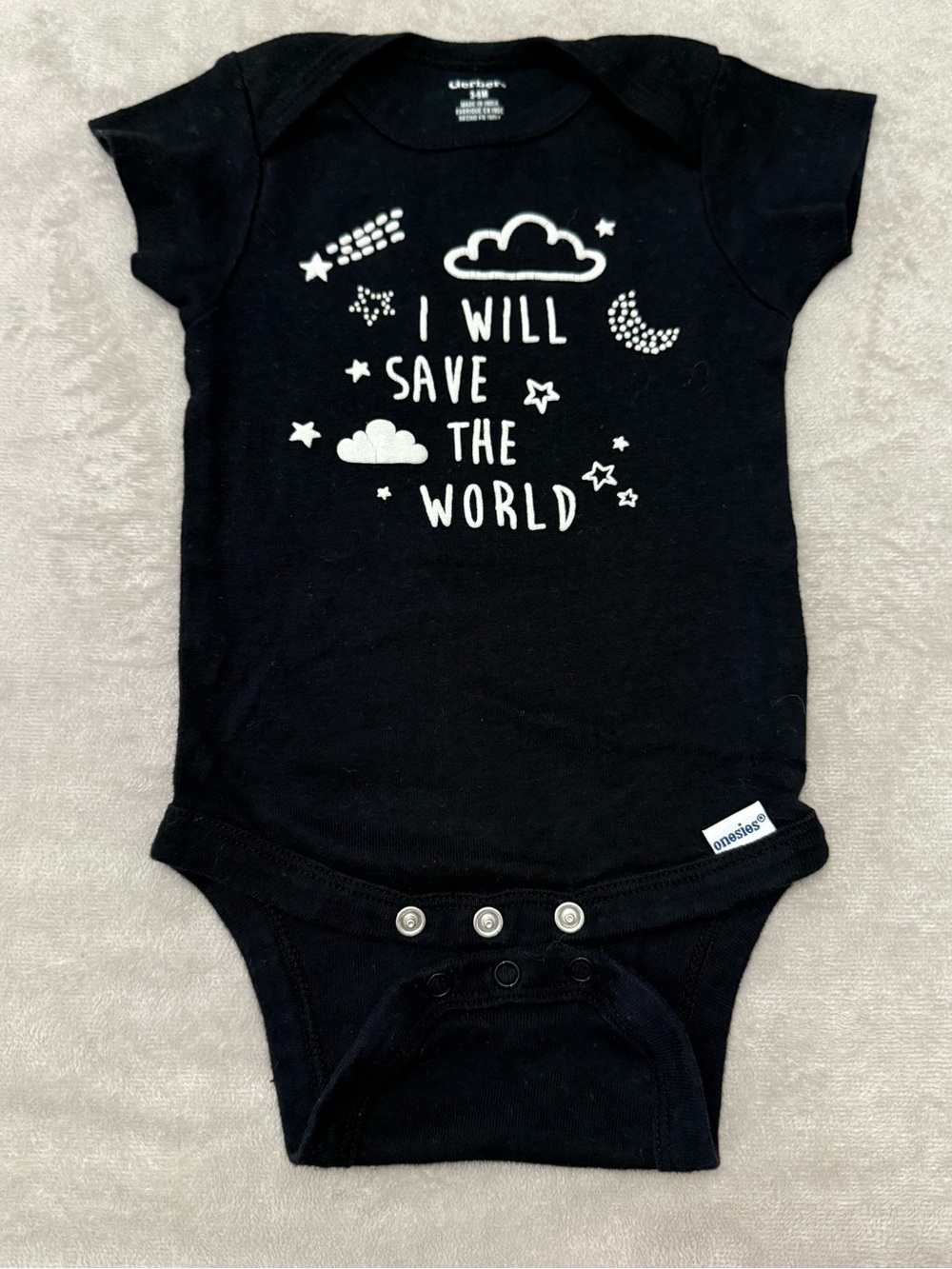 Gerber Baby Onesie 3-6 Months Black “I Will Save the World” Bodysuit 100% Cotton